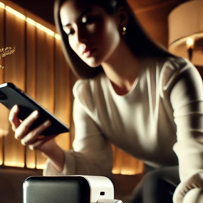 DALL·E 2025-03-16 20.29.53 - A stylish modern woman in an elegant, well-lit room, plugging an iPhone charger adapter (20W Original Type C) into a wall socket. Her iPhone is connec